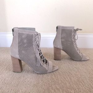 Marc Fisher Suede Leather Beige Laser Cut Open toe booties Sz 8